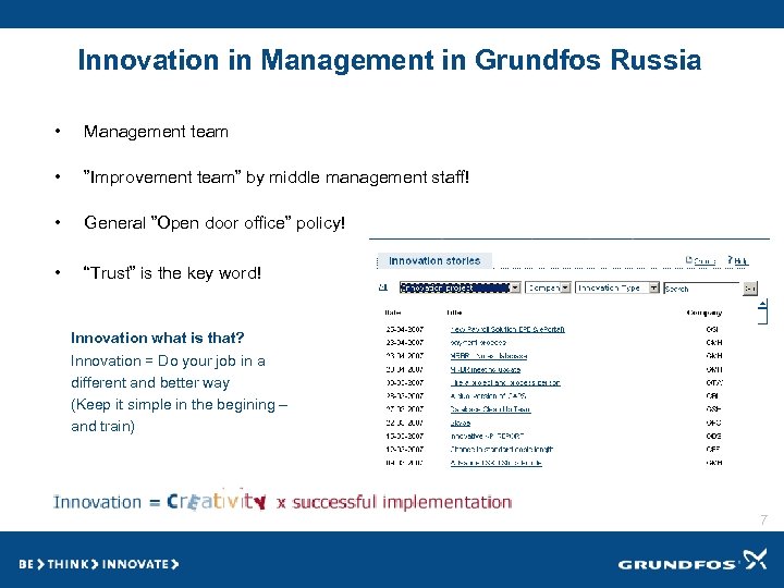 Innovation in Management in Grundfos Russia • Management team • ”Improvement team” by middle