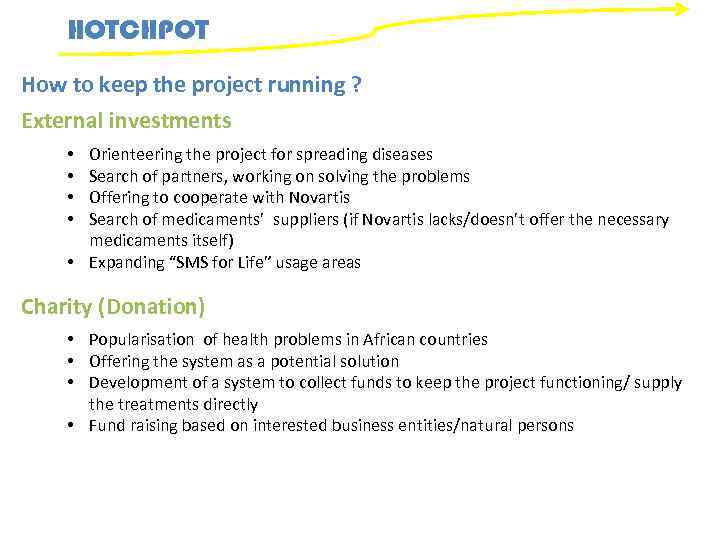 HOTCHPOT How to keep the project running ? External investments Orienteering the project for