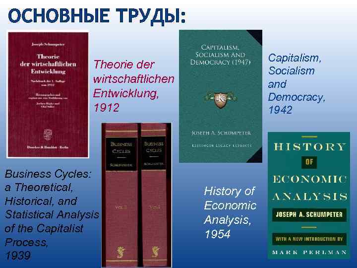 ОСНОВНЫЕ ТРУДЫ: Capitalism, Socialism and Democracy, 1942 Theorie der wirtschaftlichen Entwicklung, 1912 Business Cycles: