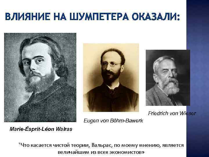 ВЛИЯНИЕ НА ШУМПЕТЕРА ОКАЗАЛИ: Friedrich von Wieser Eugen von Böhm Bawerk Marie-Ésprit-Léon Walras 