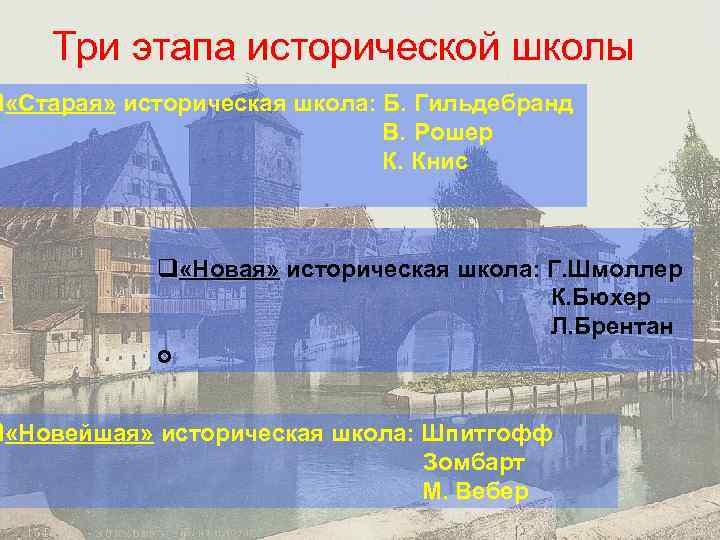  Три этапа исторической школы q «Старая» историческая школа: Б. Гильдебранд В. Рошер К.