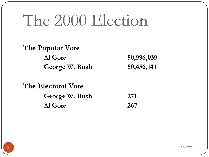 The 2000 Election The Popular Vote Al Gore George W. Bush 50, 996, 039