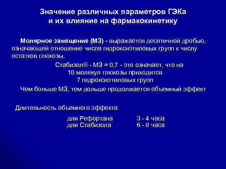 Значение различных параметров ГЭКа и их влияние на фармакокинетику Молярное замещение (МЗ) - выражается