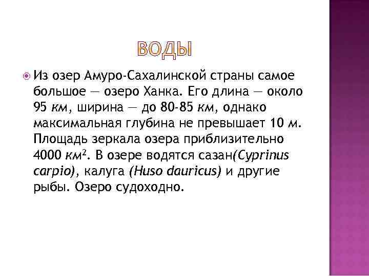  Из озер Амуро-Сахалинской страны самое большое — озеро Ханка. Его длина — около