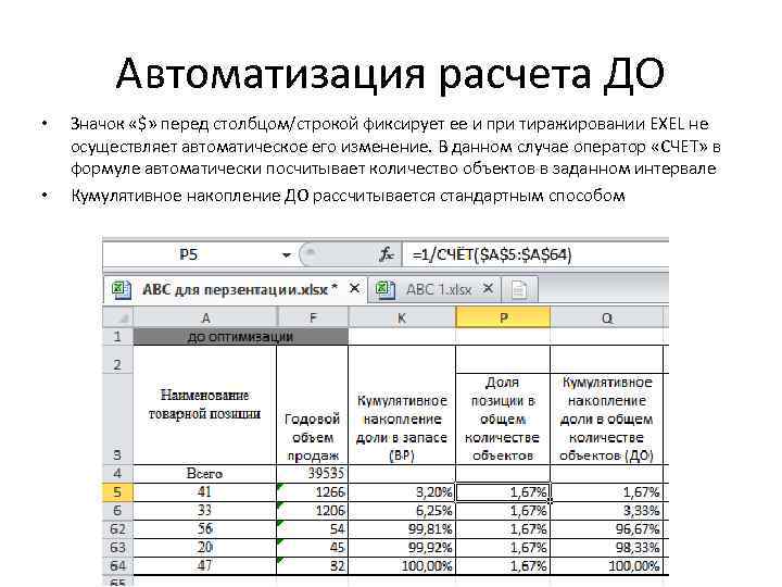 Автоматизация расчета ДО • • Значок «$» перед столбцом/строкой фиксирует ее и при тиражировании