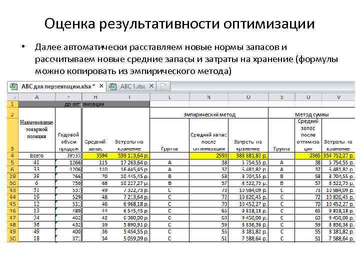 Оценка результативности оптимизации • Далее автоматически расставляем новые нормы запасов и рассчитываем новые средние