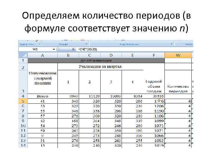 Определяем количество периодов (в формуле соответствует значению n) 