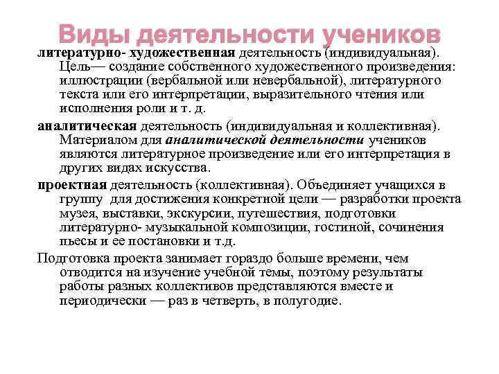 Виды деятельности учеников литературно- художественная деятельность (индивидуальная). Цель— создание собственного художественного произведения: иллюстрации (вербальной
