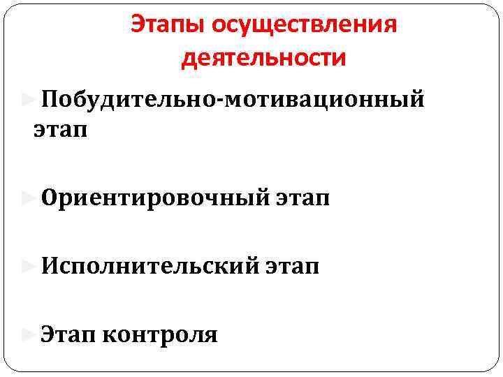 Этапы осуществления деятельности ►Побудительно-мотивационный этап ►Ориентировочный этап ►Исполнительский этап ►Этап контроля 