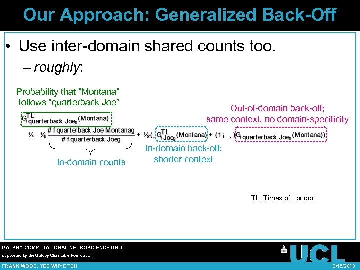 Our Approach: Generalized Back-Off • Use inter-domain shared counts too. – roughly: Probability that