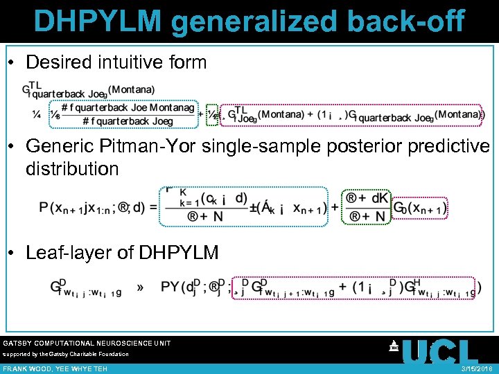 DHPYLM generalized back-off • Desired intuitive form • Generic Pitman-Yor single-sample posterior predictive distribution