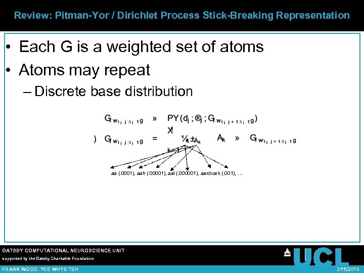 Review: Pitman-Yor / Dirichlet Process Stick-Breaking Representation • Each G is a weighted set