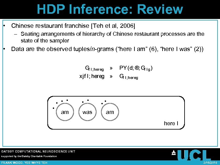 HDP Inference: Review • Chinese restaurant franchise [Teh et al, 2006] – Seating arrangements