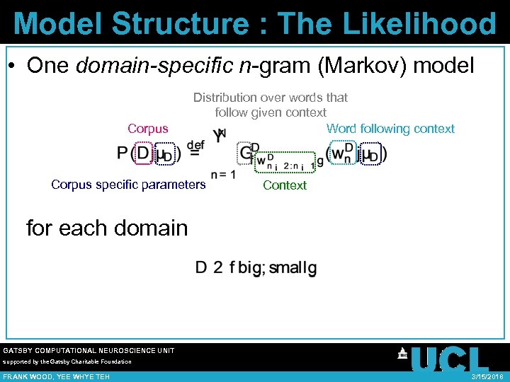 Model Structure : The Likelihood • One domain-specific n-gram (Markov) model Corpus Distribution over