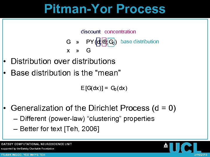 Pitman-Yor Process discount concentration base distribution • Distribution over distributions • Base distribution is