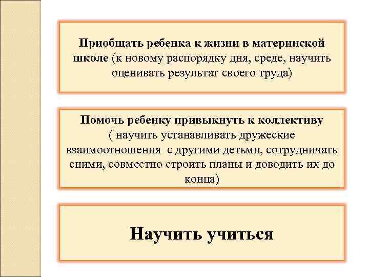 Приобщать ребенка к жизни в материнской школе (к новому распорядку дня, среде, научить оценивать