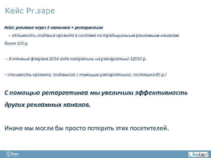 Кейс Pr. sape Кейс: реклама через 5 каналаов + ретаргетинг – стоимость создания проекта