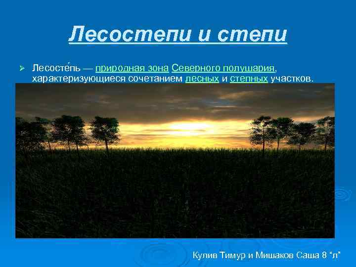 Лесостепи и степи Ø Лесосте пь — природная зона Северного полушария, характеризующиеся сочетанием лесных