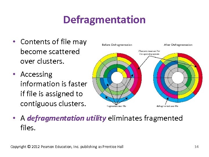 Defragmentation • Contents of file may become scattered over clusters. • Accessing information is