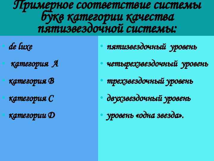 Примерное соответствие системы букв категории качества пятизвездочной системы: • de luxe • пятизвездочный уровень