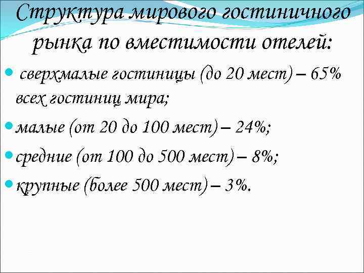 Структура мирового гостиничного рынка по вместимости отелей: сверхмалые гостиницы (до 20 мест) – 65%