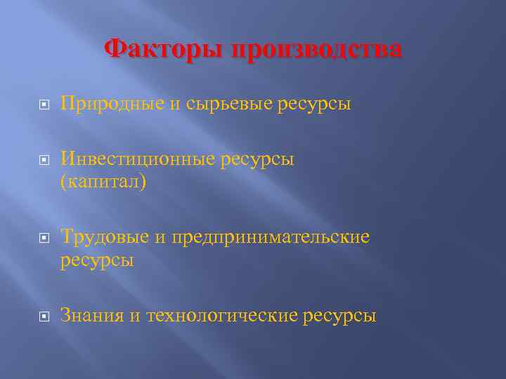 Факторы производства Природные и сырьевые ресурсы Инвестиционные ресурсы (капитал) Трудовые и предпринимательские ресурсы Знания