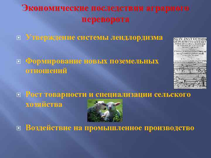 Экономические последствия аграрного переворота Утверждение системы лендлордизма Формирование новых поземельных отношений Рост товарности и