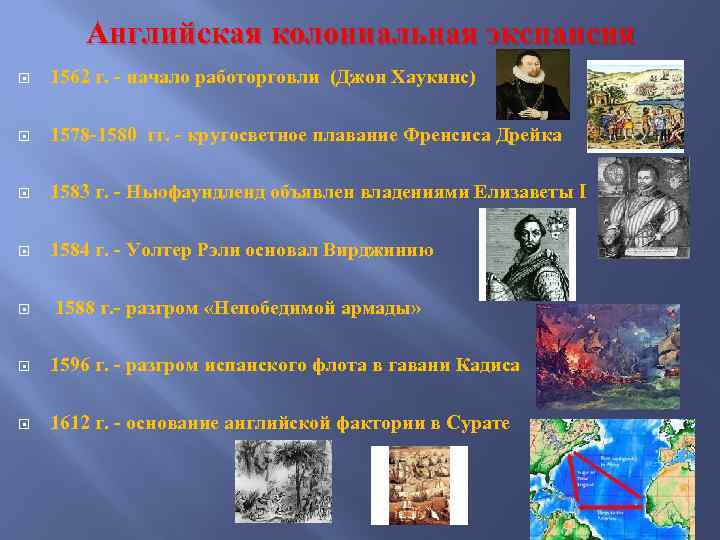 Английская колониальная экспансия 1562 г. - начало работорговли (Джон Хаукинс) 1578 -1580 гг. -