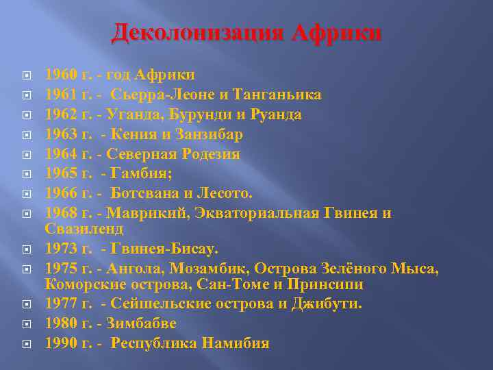 Деколонизация Африки 1960 г. - год Африки 1961 г. - Сьерра-Леоне и Танганьика 1962