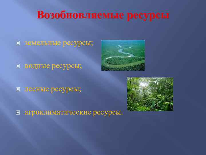 Возобновляемые ресурсы земельные ресурсы; водные ресурсы; лесные ресурсы; агроклиматические ресурсы. 
