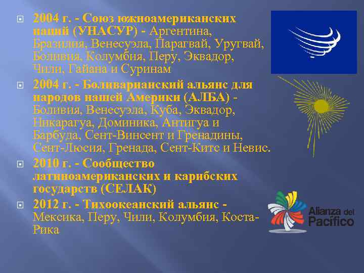  2004 г. - Союз южноамериканских наций (УНАСУР) - Аргентина, Бразилия, Венесуэла, Парагвай, Уругвай,