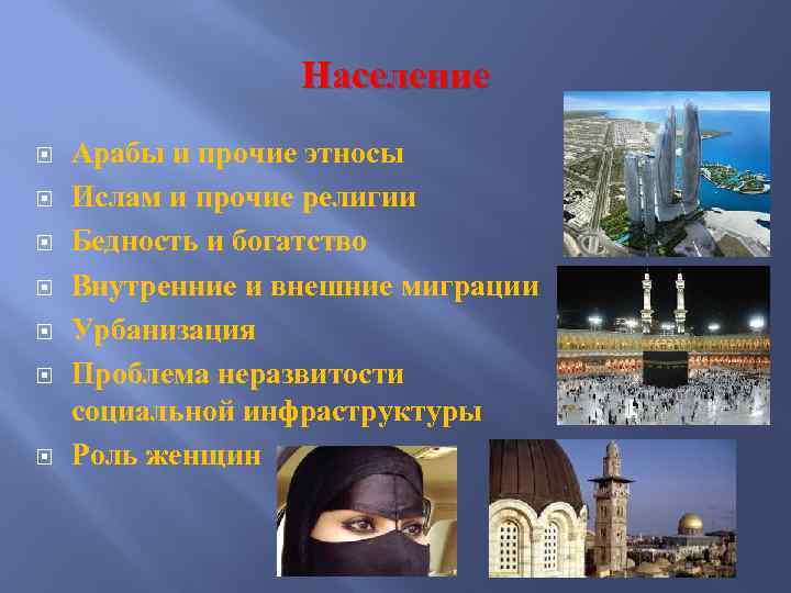 Население Арабы и прочие этносы Ислам и прочие религии Бедность и богатство Внутренние и