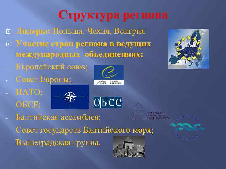 Структура региона - Лидеры: Польша, Чехия, Венгрия Участие стран региона в ведущих международных объединениях: