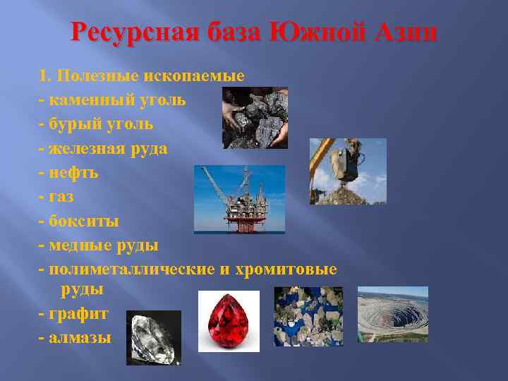 Ресурсная база Южной Азии 1. Полезные ископаемые - каменный уголь - бурый уголь -