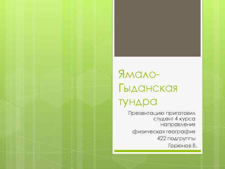 Ямало. Гыданская тундра Презентацию приготовил студент 4 курса направления физическая география 422 подгруппы Горюнов