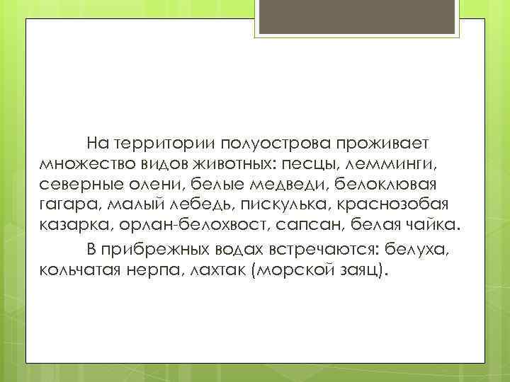 На территории полуострова проживает множество видов животных: песцы, лемминги, северные олени, белые медведи, белоклювая