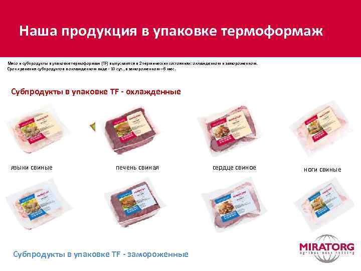 Наша продукция в упаковке термоформаж Мясо и субпродукты в упаковке термоформаж (TF) выпускаются в