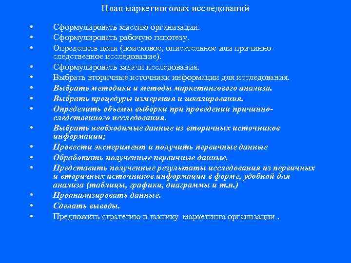 План маркетинговых исследований • • • • Сформулировать миссию организации. Сформулировать рабочую гипотезу. Определить