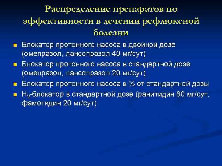 Распределение препаратов по эффективности в лечении рефлюксной болезни n n Блокатор протонного насоса в