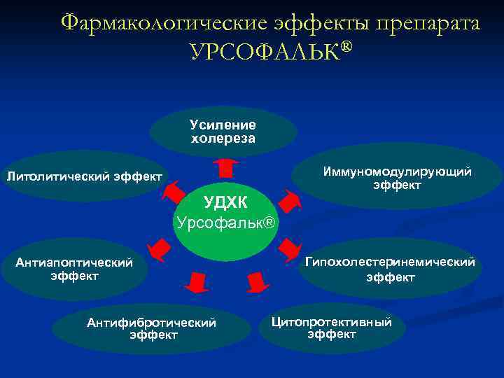 Фармакологические эффекты препарата УРСОФАЛЬК® Усиление холереза Иммуномодулирующий эффект Литолитический эффект УДХК Урсофальк® Антиапоптический эффект