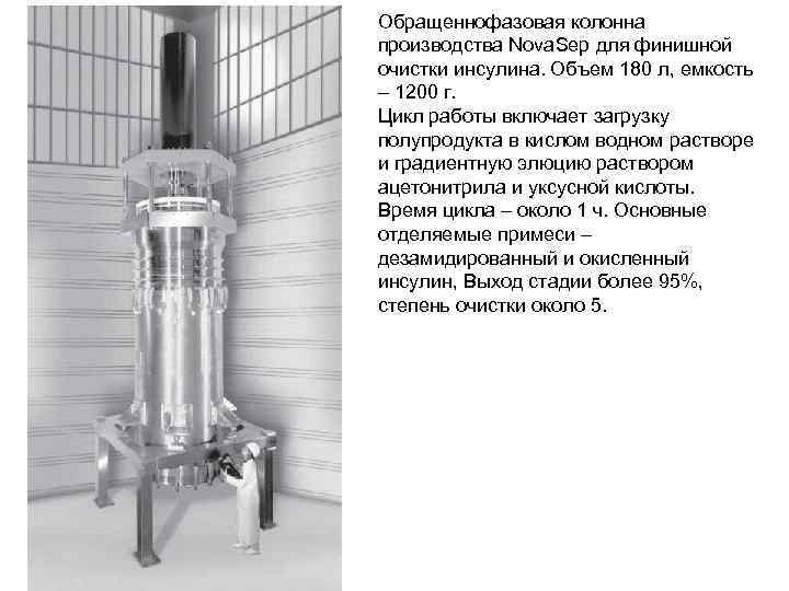 Обращеннофазовая колонна производства Nova. Sep для финишной очистки инсулина. Объем 180 л, емкость –