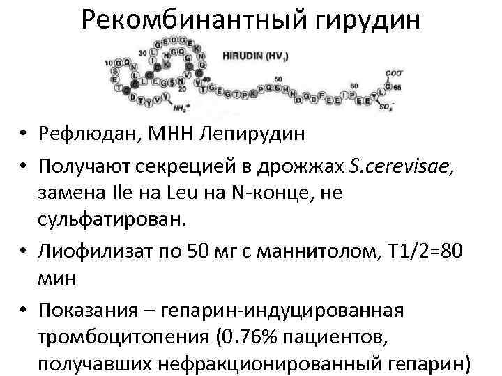 Рекомбинантный гирудин • Рефлюдан, МНН Лепирудин • Получают секрецией в дрожжах S. cerevisae, замена