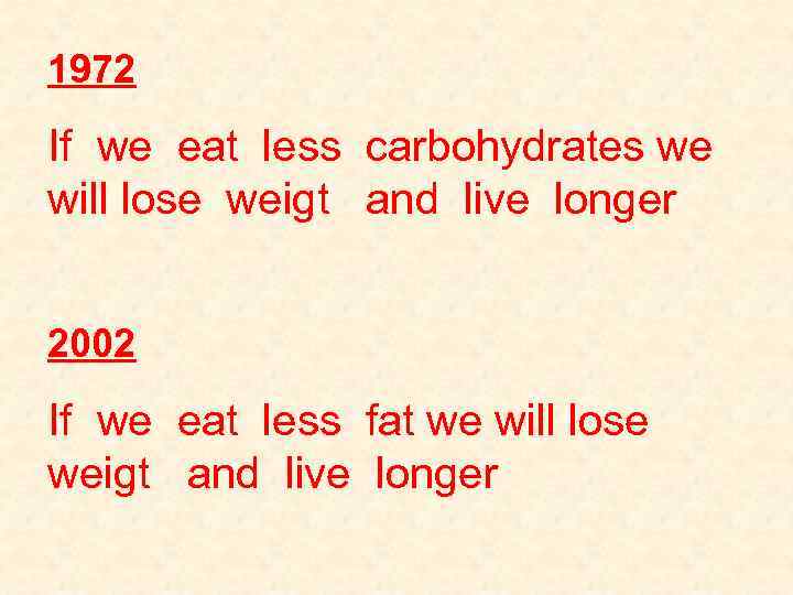 1972 If we eat less carbohydrates we will lose weigt and live longer 2002