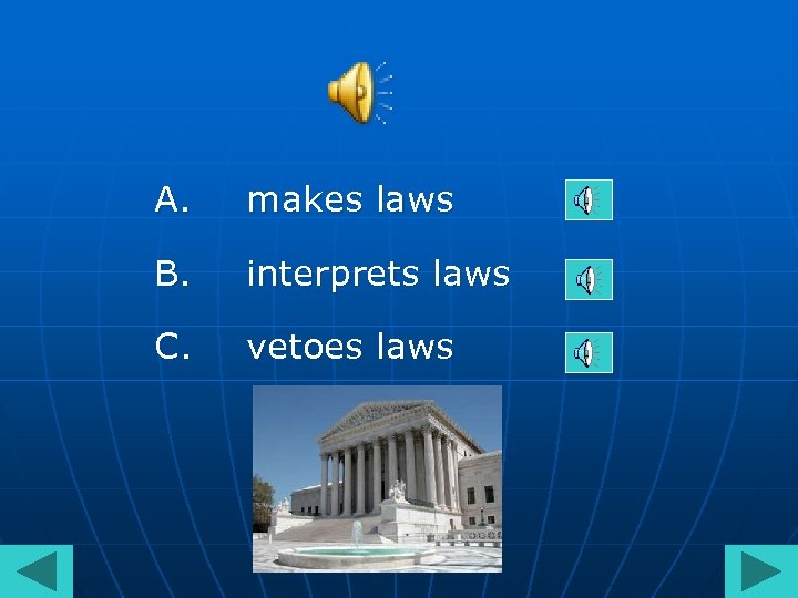 A. makes laws B. interprets laws C. vetoes laws 