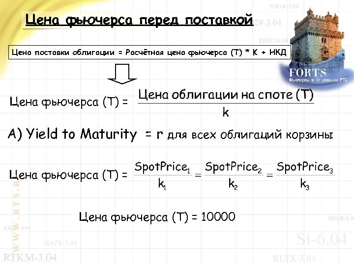 Цена фьючерса перед поставкой Цена поставки облигации = Расчётная цена фьючерса (T) * K