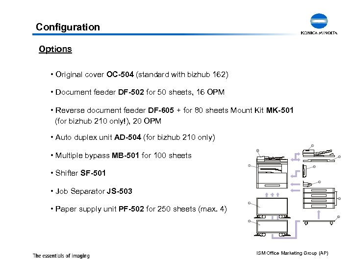 Configuration Options • Original cover OC-504 (standard with bizhub 162) • Document feeder DF-502