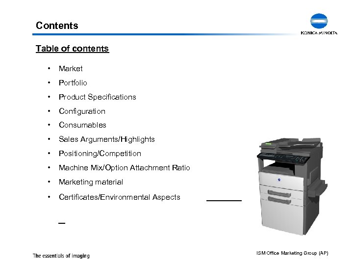 Contents Table of contents • Market • Portfolio • Product Specifications • Configuration •
