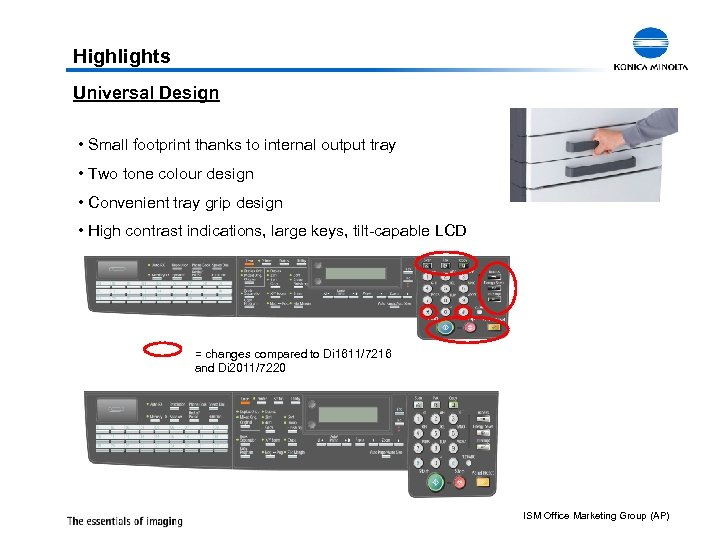 Highlights Universal Design • Small footprint thanks to internal output tray • Two tone