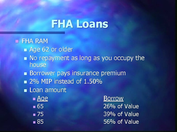 FHA Loans n FHA RAM n Age 62 or older n No repayment as