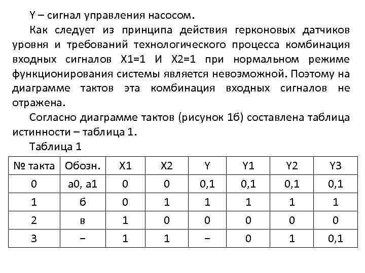 Y – сигнал управления насосом. Как следует из принципа действия герконовых датчиков уровня и